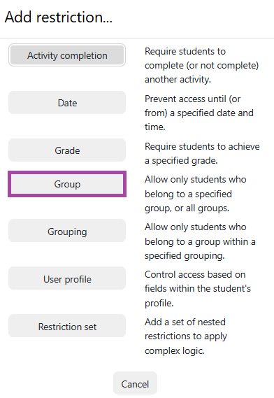 Screenshot of the restriction condition list (highlighted: ‘Group’).