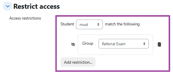Screenshot of a group restriction (highlighted).