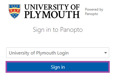 Screenshot of the display of the signing in process (highlighted: ‘Sign in’ button) to Panopto.
