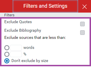 Screenshot of the display of the ‘Filters’ (highlighted: filters related to quotes, bibliography and sources) sub-menu within Turnitin.