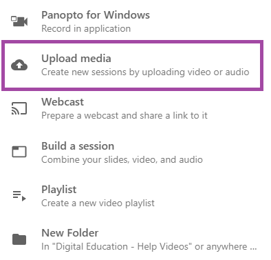 Screenshot of the display of the ‘Upload media’ option (highlighted) from the drop-down list, under the ‘Create’ button.