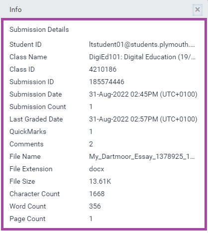 Screenshot of the display of the included general information (highlighted) of a student submission within Turnitin.