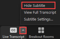 Screenshot of the display of the ‘Hide Subtitle’ option (highlighted) under the ‘CC’ button (highlighted) during a Zoom meeting.