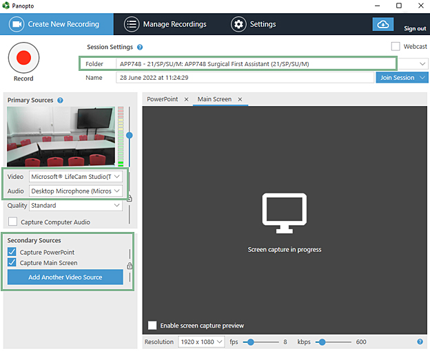 Screen shot of set up window in Panopto recorder.