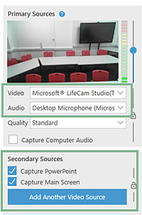 Screen shot of Video and Audio source selection window in Panopto recorder.