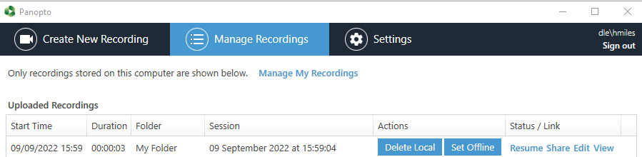 Screen shot of manage recordings window.