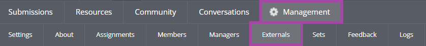 Screenshot of clicking on the ‘Management’ (highlighted) and then on the ‘Externals’ (highlighted) menus in the navigation bar of PebblePad (ATLAS).
