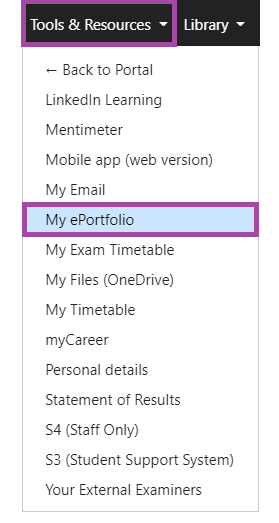 Screenshot of selecting ‘My e-Portfolio’ (highlighted) from the drop-down list under ‘Tools and Resources’.