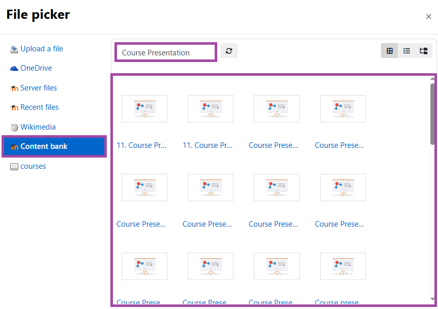 Screenshot of searching for the H5P object (highlighted) within all Content banks.