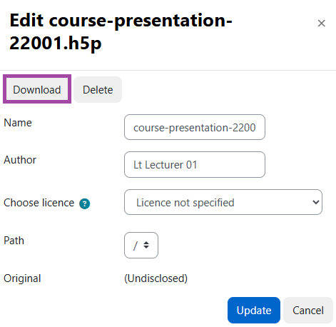 Screenshot of the ‘Download’ button (highlighted) for an H5P object.