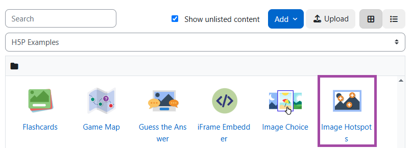 Screenshot of selecting an H5P object (highlighted) within the Content bank.