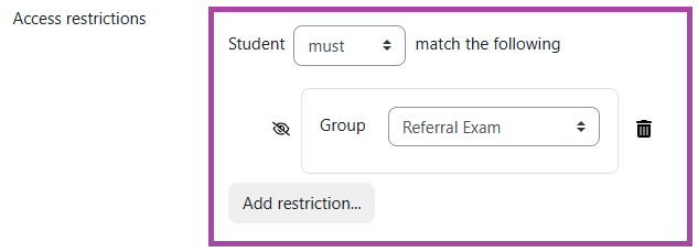 Screenshot of a group restriction set up for referrals (highlighted).