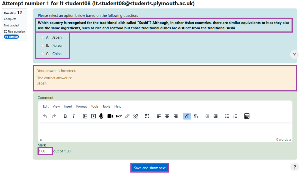 Screenshot of manually updating a mark (highlighted) for a DLE quiz question.