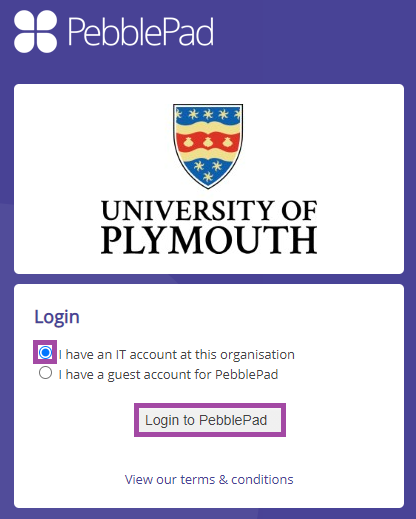 Screenshot of selecting ‘I have an IT account at this organisation’’ (highlighted) from the options that pop up during the login process of PebblePad.
