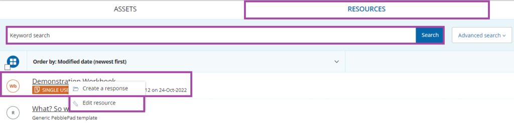 Screenshot of the display of the ‘Edit resource’ option (highlighted), the title of the workbook (highlighted), and the search bar (highlighted) under PebblePad ‘Resources’ (highlighted).