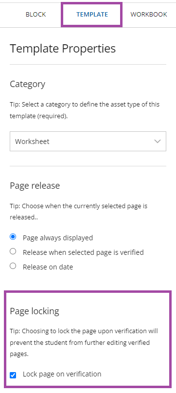 Screenshot of the display of ‘Page locking’ section (highlighted) within the ‘Template’ sub-menu (highlighted) of a PebblePad workbook.