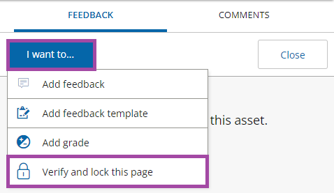 Screenshot of the display of the ‘I want to…’ button (highlighted) and the ‘Verify and lock this page’ option (highlighted) within a PebblePad workbook submission.