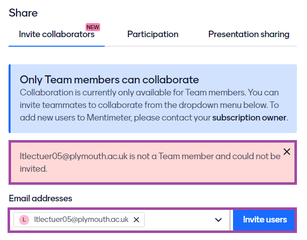 Screenshot of the display of the error message (highlighted) related to sharing a presentation for collaboration within Mentimeter.