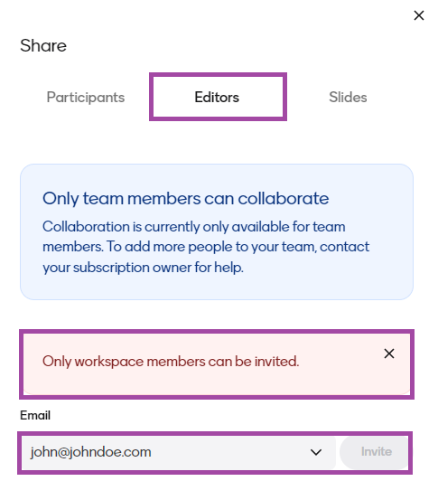 Screenshot of the display of the error message (highlighted) related to sharing a presentation for collaboration within Mentimeter.