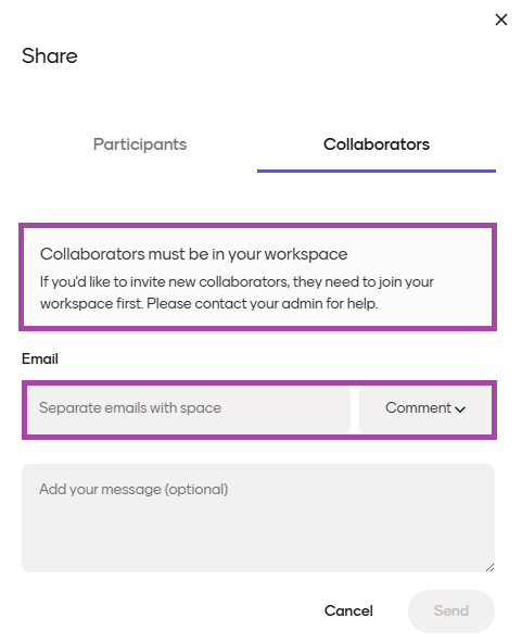 Screenshot of the display of the error message (highlighted) related to sharing a presentation for collaboration within Mentimeter.