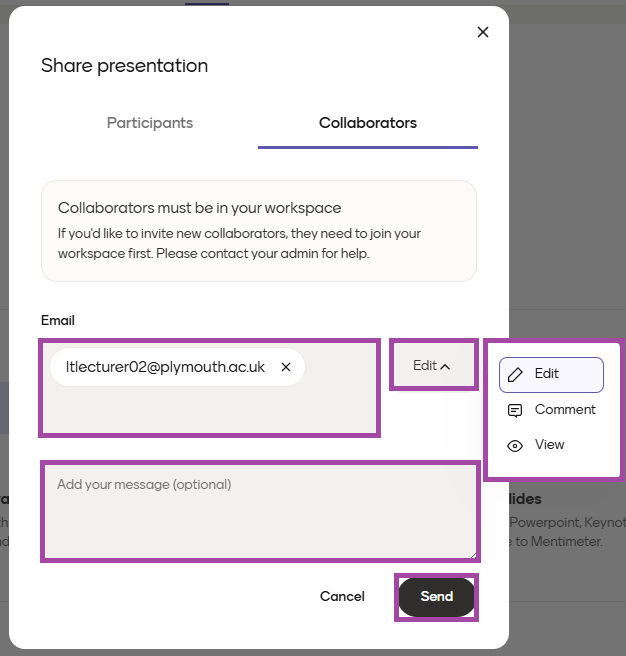 Screenshot of sharing a presentation (highlighted) with a collague in Mentimeter.