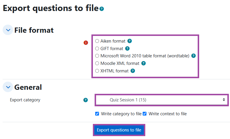 Screenshof the export settings (highlighted) within a Question bank.