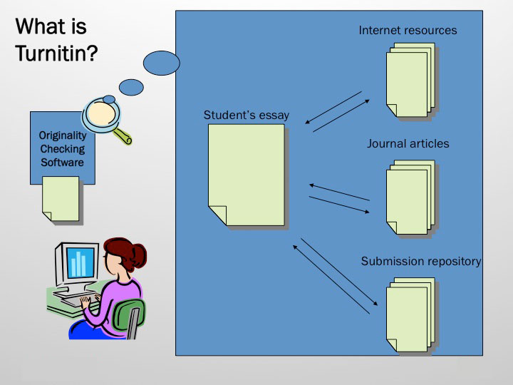 A diagram showing how Turnitin checks a students essay against internet resources, journal articles and the submission repsository.