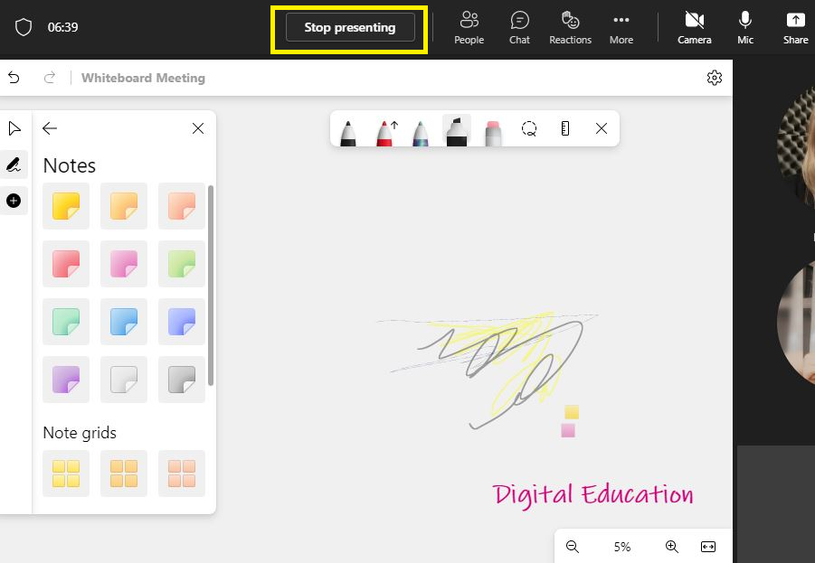 MS Whiteboard opens on a shared screen. Select ‘Stop presenting’ to close down the whiteboard app when needed.