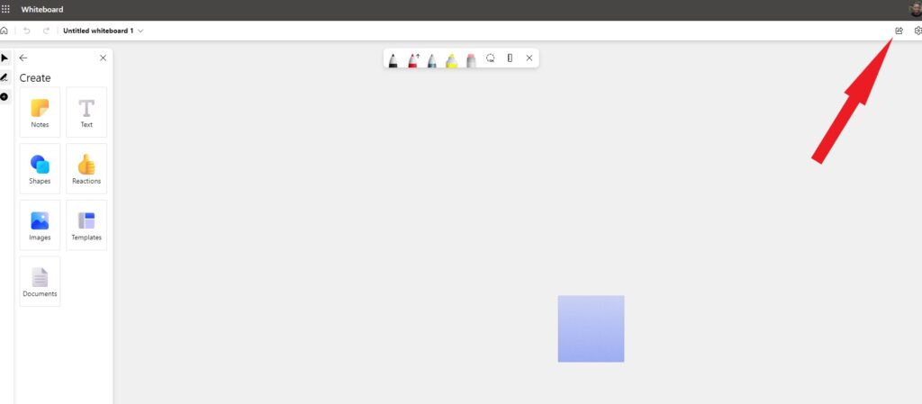 A screenshot of MS Whiteboard with the share button highlighted.