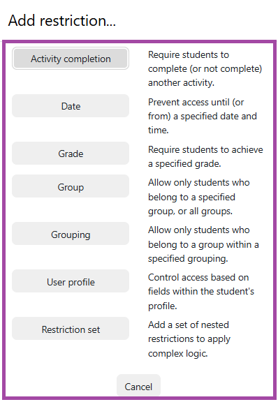 Screenshot of the display of the restriction conditions (highlighted) in Moodle.