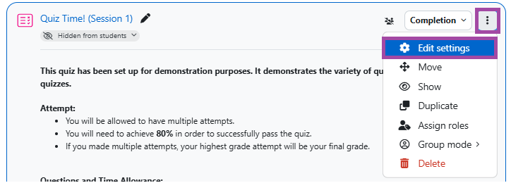 Screenshot of the ‘Edit settings’ button next to a quiz activity.