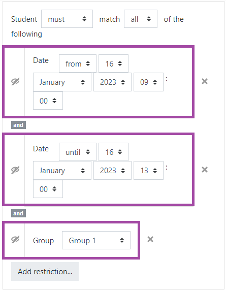 Screenshot of the display of the conditions (highlighted) of the restrictions within a ‘Quiz’ activity.