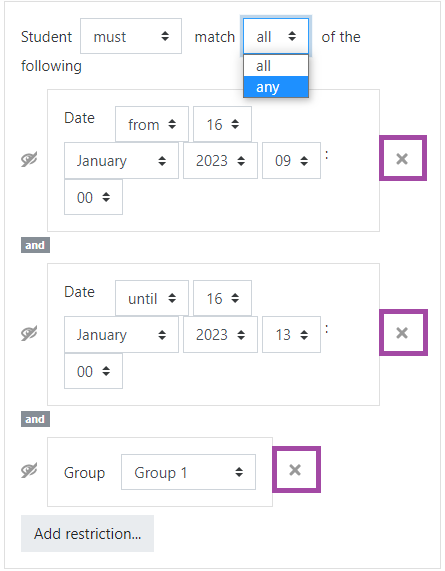 Screenshot of the display of the ‘X’ buttons (highlighted) within the restrictions of a ‘Quiz’ activity.