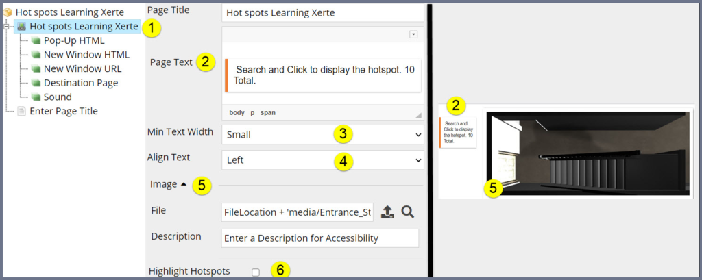 A screenshot of the Xerte interface with the bulleted items labelled.