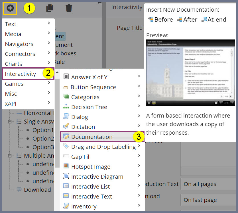 A screenshot of the Xerte interface with the bulleted items labelled.