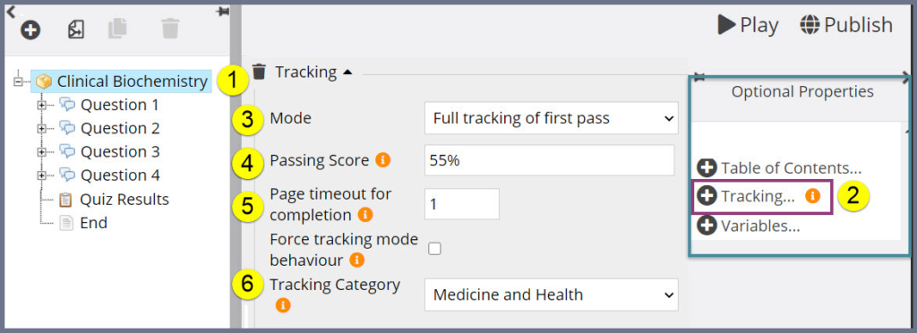 Setting up Tracking in the quiz