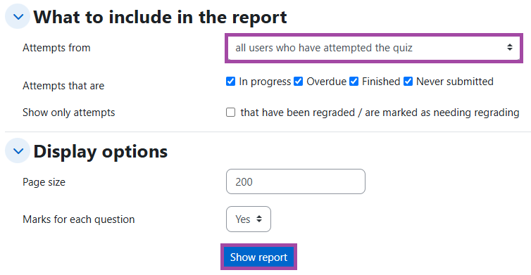 Screenshot of the available quiz filters (highlighted) under results.