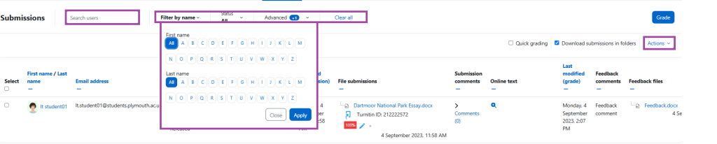 Screenshot of the display of the ‘Action’s drop-down list and the available filters (highlighted) within a submission point.