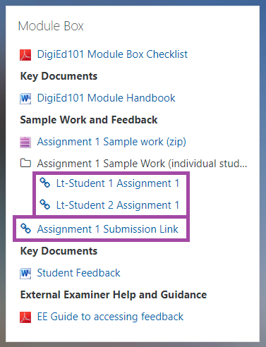 Screenshot of the display of the URL links (highlighted) within Module Boxes.