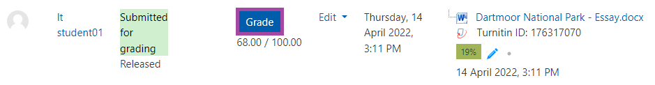 Screenshot of the display of the blue ‘Grade’ button (highlighted) under a submission point in Moodle.