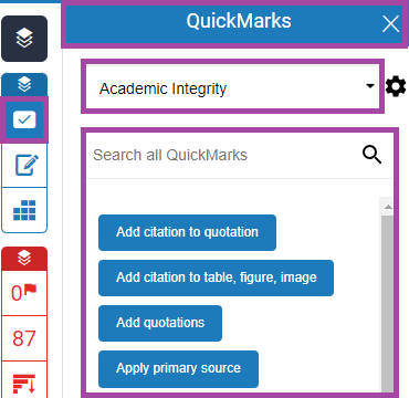 Screenshot of the display of the ‘QuickMarks’ menu (highlighted) in the Turnitin side panel.