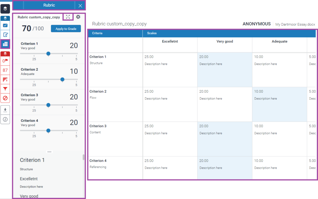 Screenshot of the display of the ‘Rubric’ menu (highlighted) and expanded version of a rubric (highlighted) in the Turnitin side panel.