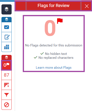 Screenshot of the display of the ‘Flags for Review’ menu (highlighted) in the Turnitin side panel.