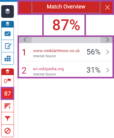 Screenshot of the display of the ‘Match Overview’ menu (highlighted) within the Turnitin side panel.