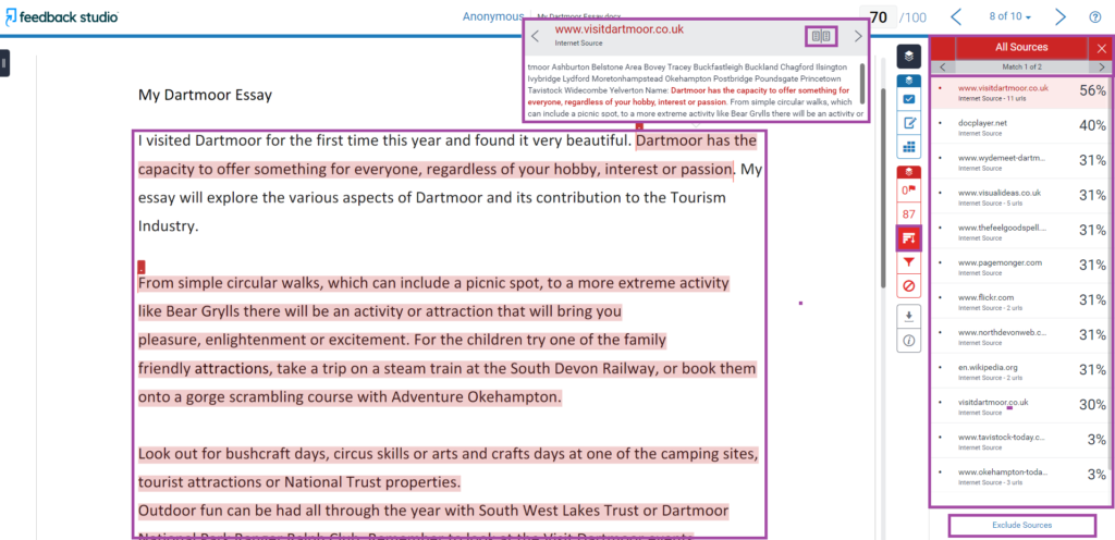 Screenshot of the display of the ‘All sources’ menu (highlighted) within the Turnitin side panel.