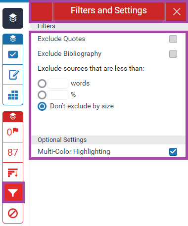 Screenshot of the display of the ‘Filters and Settings’ menu in the Turnitin side panel.