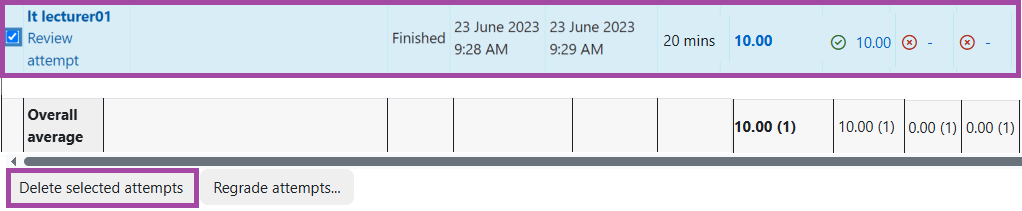 Screenshot of removing an attempt (highlighted) under a quiz activity.
