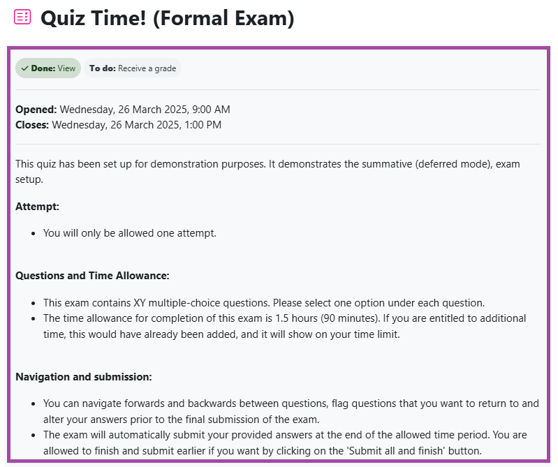 Screenshot of a quiz dashboard (highlighted).