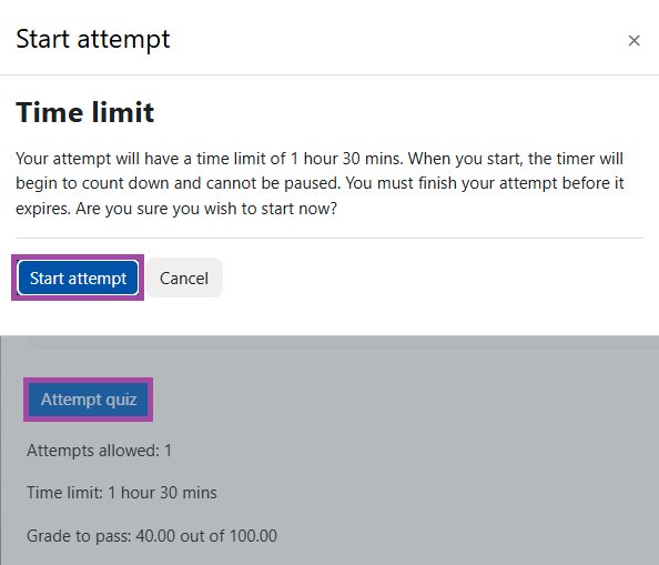 Screenshot of the ‘Attempt quiz’ and ‘Start attempt’ buttons (highlighted) under a quiz.