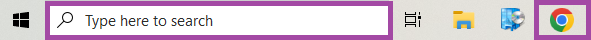 Screenshot of the display of the Google Chrome icon (highlighted) and the search box (highlighted) in the taskbar.